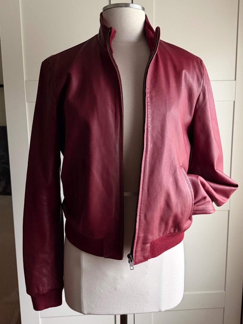 True Religion leather bomber jacket in dark wine colour sz L